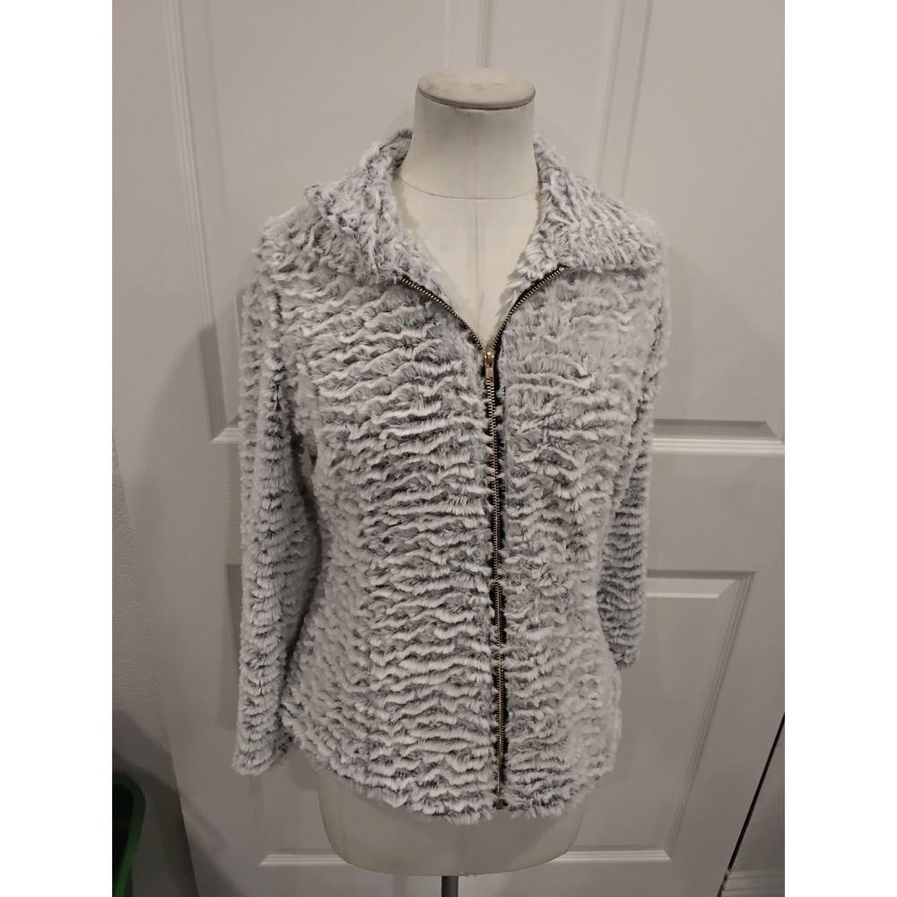 Knapp‎ Studio Faux Fur Zip Up Jacket Womens PS Gray White Textured